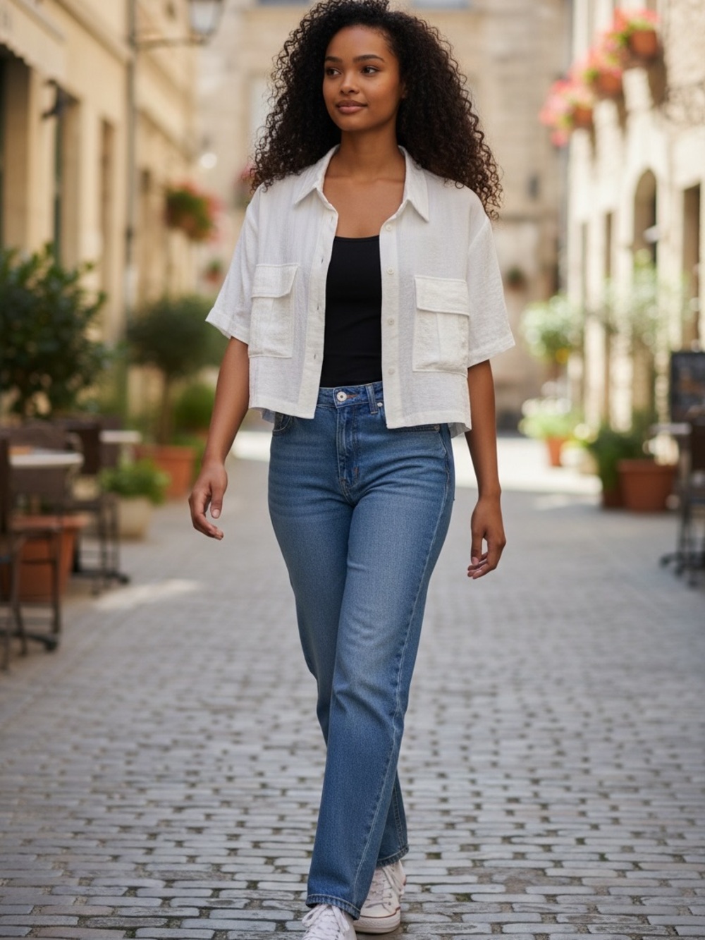 H&M Divided White Short Sleeve Button-Front Utility
Crop Shirt